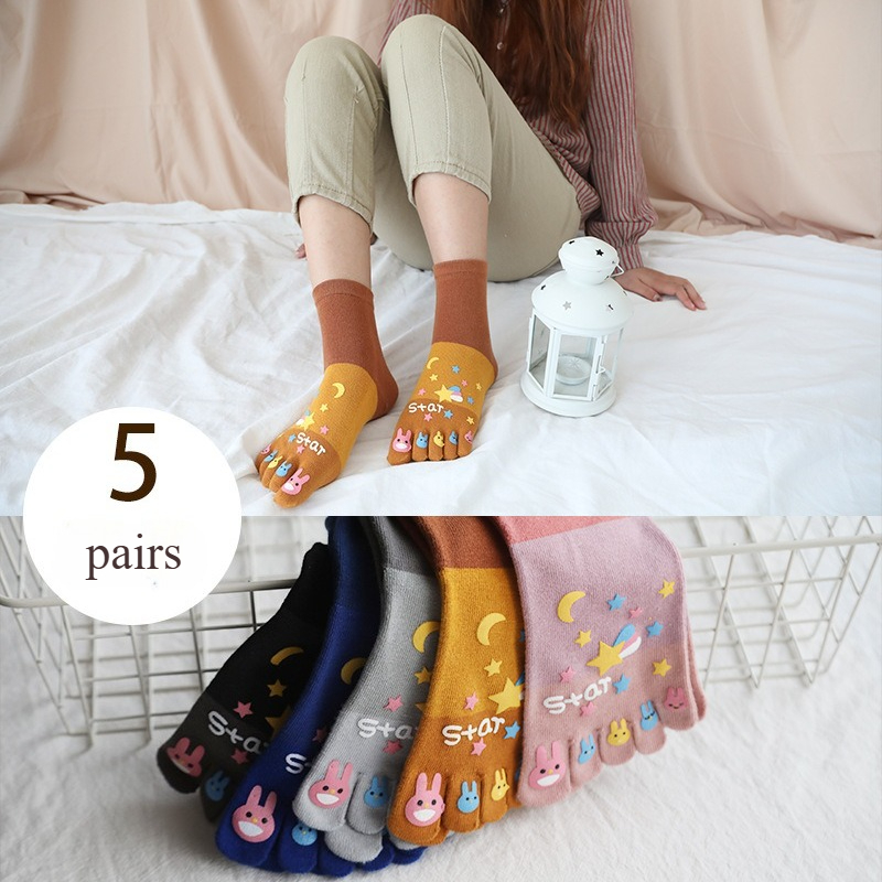 Toe Sock Split - 5 คู่ถุงเท้าห้านิ้วผู้หญิงผ้าฝ้ายฤดูใบไม้ผลิและฤดูร้อนกลางหลอดระบายอากาศได้ดีผู้หญิงสร้างสรรค์การ์ตูนถุงเท้าแยกนิ้วเท้า