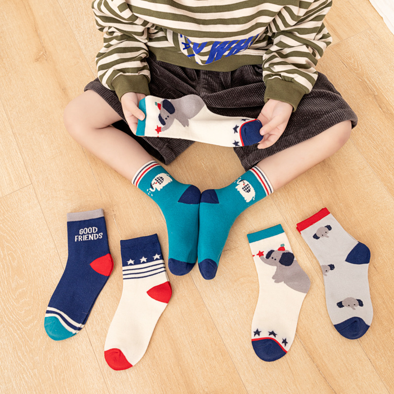 Cotton Crew Sock Pack - ถุงเท้าเด็กผู้ชาย 5 คู่ ลายการ์ตูนช้าง ดาว และลายทาง