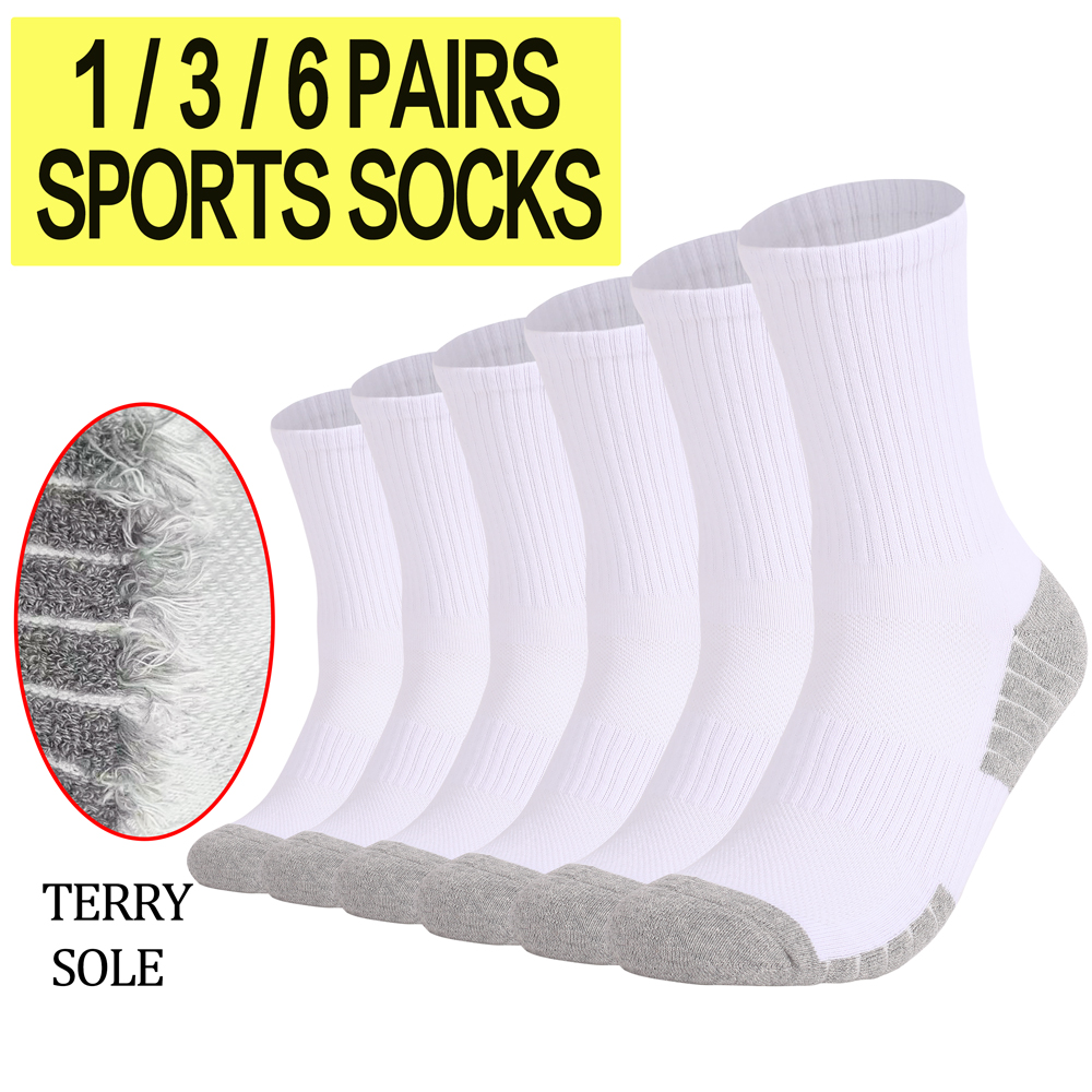 Athletic Sock Cushion - ถุงเท้าเดินป่าแบบหนา 1/3/6 คู่ สำหรับผู้ชายและผู้หญิง ถุงเท้ากันลื่นแบบมีแผ่นรองนุ่มระบายอากาศได้ดี ความยาวปานกลาง
