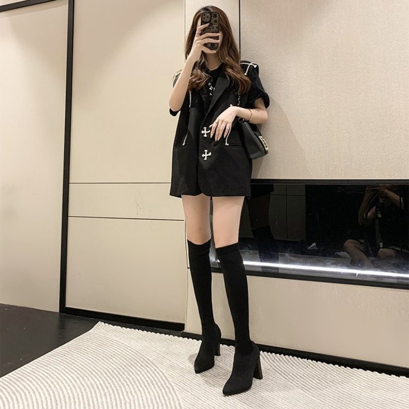 รองเท้าบูทผู้หญิงแบบสวมเหนือเข - Knee High Sock Women บทวิจารณ์และราคา