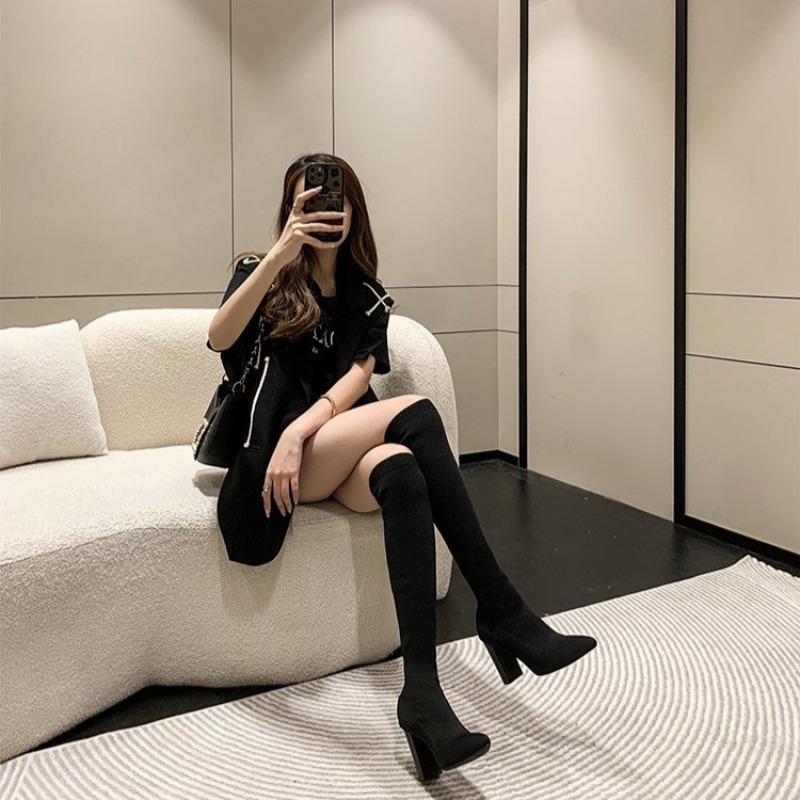 รองเท้าบูทผู้หญิงแบบสวมเหนือเข - Knee High Sock Women บทวิจารณ์และราคา